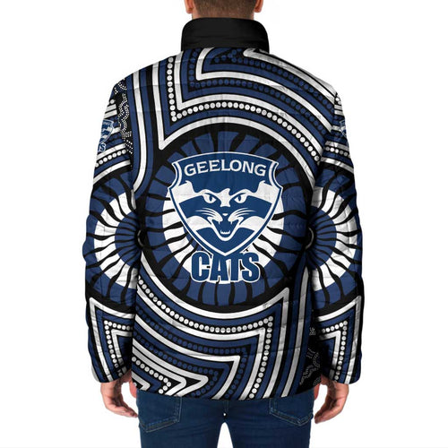Geelong Cats Padded Jacket Indigenous Monochrome Dot Art Mascot Style