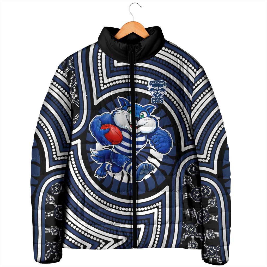 Geelong Cats Padded Jacket Indigenous Monochrome Dot Art Mascot Style