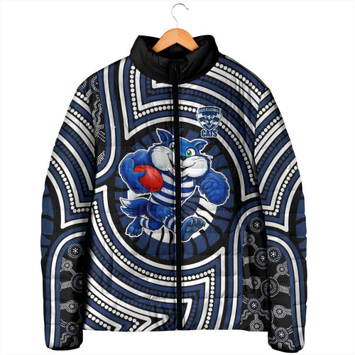 Geelong Cats Padded Jacket Indigenous Monochrome Dot Art Mascot Style