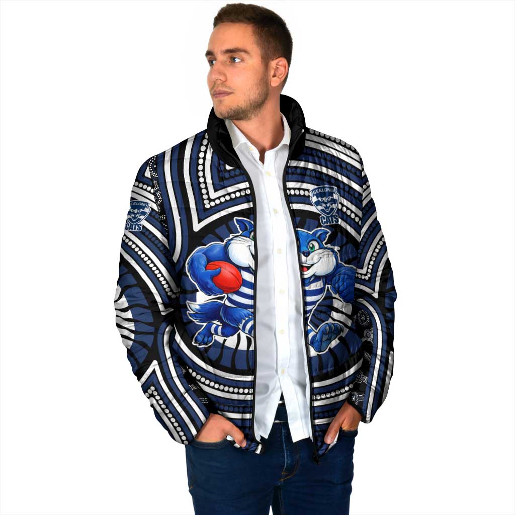 Geelong Cats Padded Jacket Indigenous Monochrome Dot Art Mascot Style