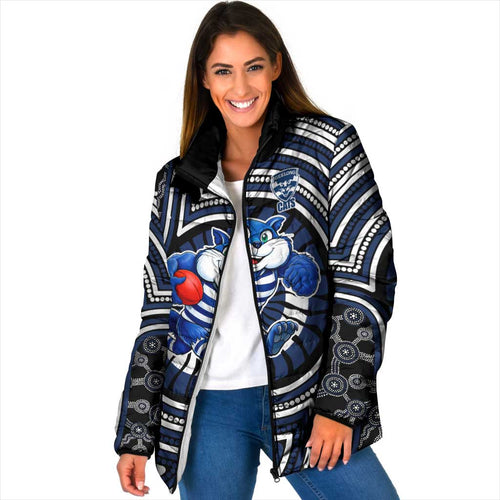 Geelong Cats Padded Jacket Indigenous Monochrome Dot Art Mascot Style