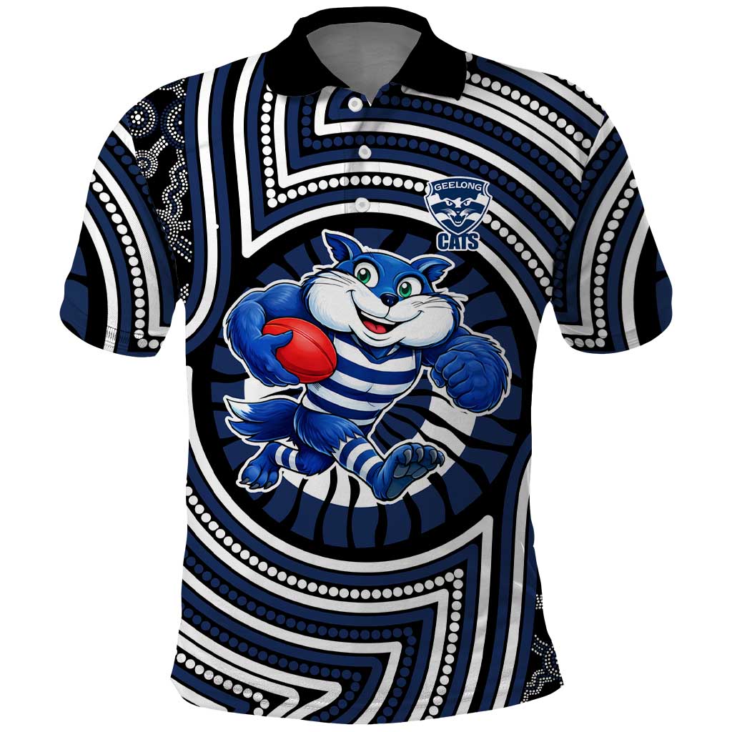 Geelong Cats Polo Shirt Indigenous Monochrome Dot Art Mascot Style