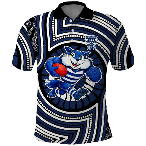 Geelong Cats Polo Shirt Indigenous Monochrome Dot Art Mascot Style