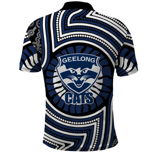 Geelong Cats Polo Shirt Indigenous Monochrome Dot Art Mascot Style