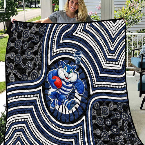 Geelong Cats Quilt Indigenous Monochrome Dot Art Mascot Style