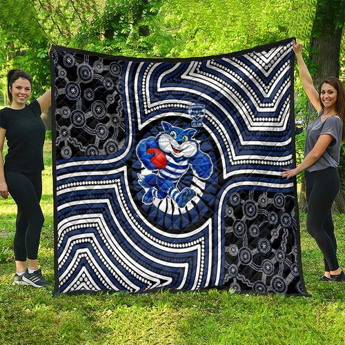 Geelong Cats Quilt Indigenous Monochrome Dot Art Mascot Style