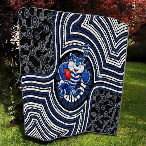 Geelong Cats Quilt Indigenous Monochrome Dot Art Mascot Style