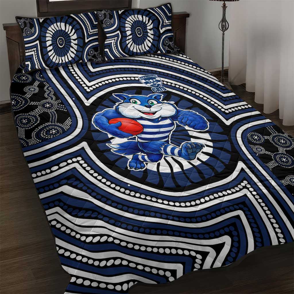 Geelong Cats Quilt Bed Set Indigenous Monochrome Dot Art Mascot Style