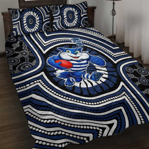 Geelong Cats Quilt Bed Set Indigenous Monochrome Dot Art Mascot Style