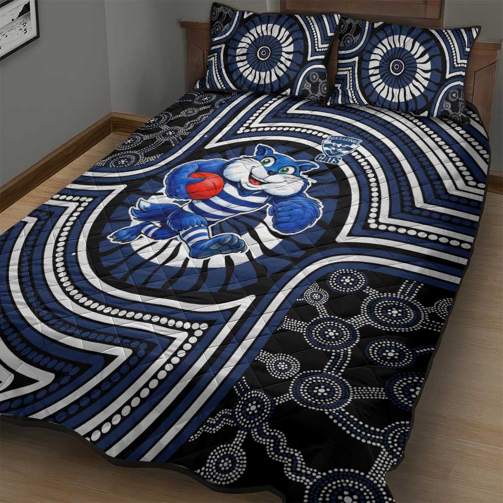 Geelong Cats Quilt Bed Set Indigenous Monochrome Dot Art Mascot Style