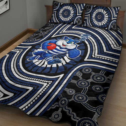 Geelong Cats Quilt Bed Set Indigenous Monochrome Dot Art Mascot Style