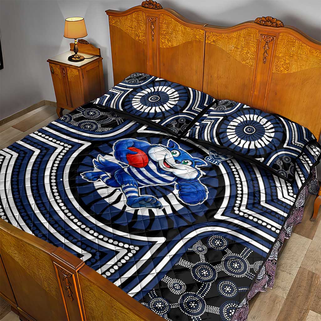 Geelong Cats Quilt Bed Set Indigenous Monochrome Dot Art Mascot Style