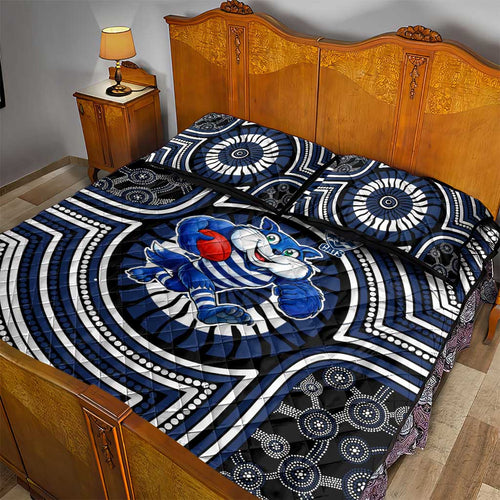 Geelong Cats Quilt Bed Set Indigenous Monochrome Dot Art Mascot Style