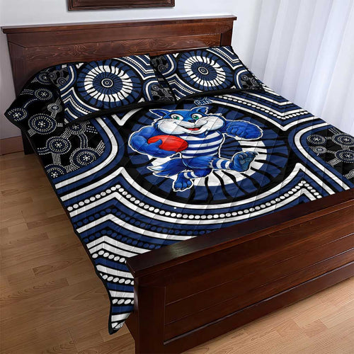 Geelong Cats Quilt Bed Set Indigenous Monochrome Dot Art Mascot Style