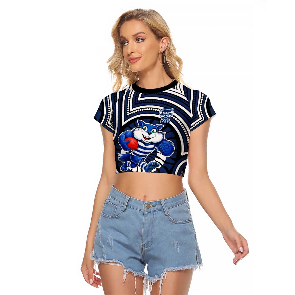 Geelong Cats Raglan Cropped T Shirt Indigenous Monochrome Dot Art Mascot Style