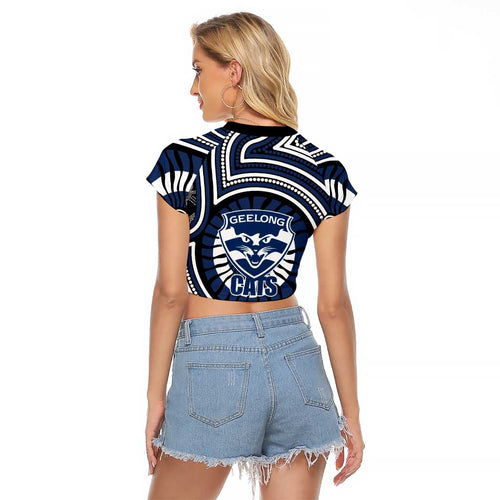 Geelong Cats Raglan Cropped T Shirt Indigenous Monochrome Dot Art Mascot Style