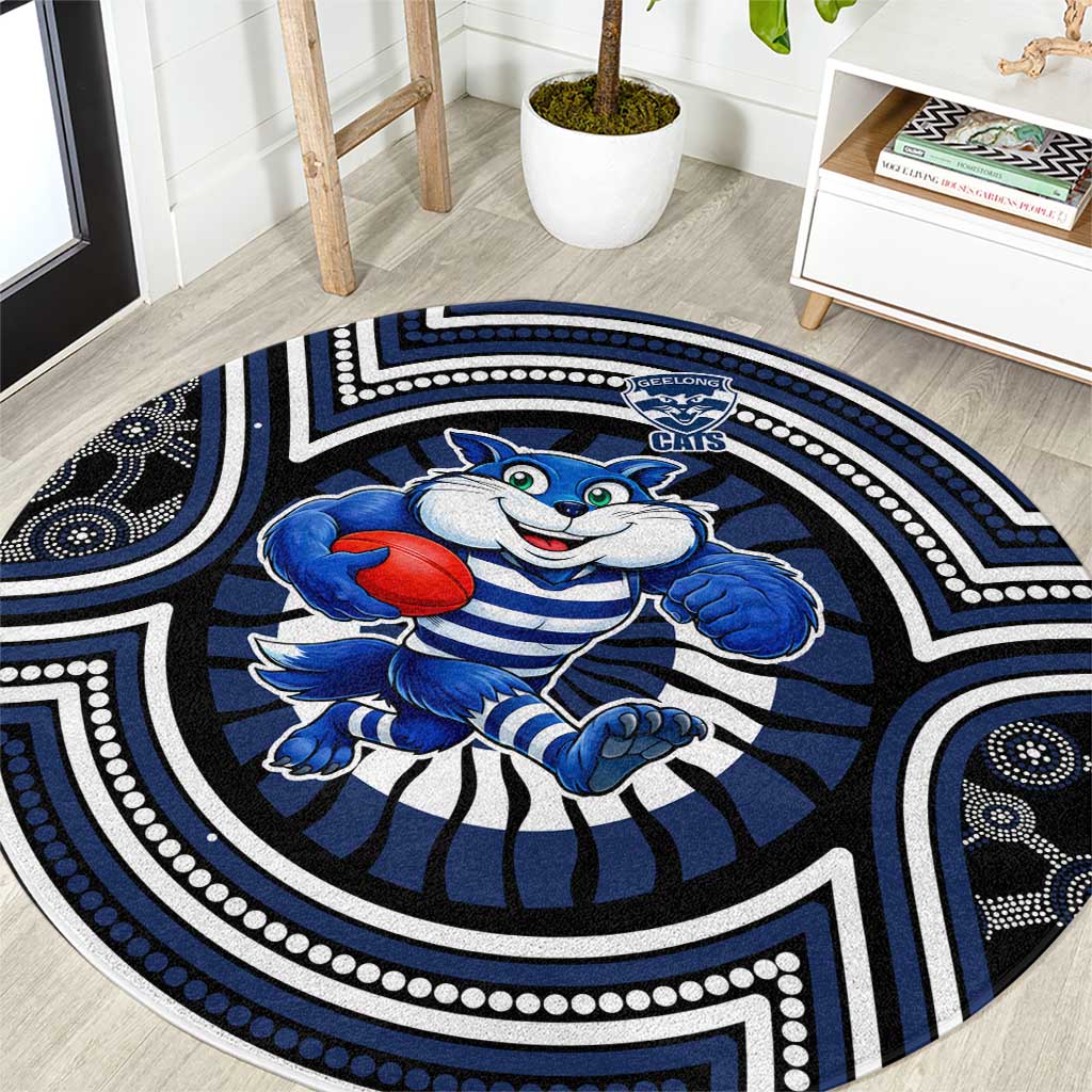 Geelong Cats Round Carpet Indigenous Monochrome Dot Art Mascot Style