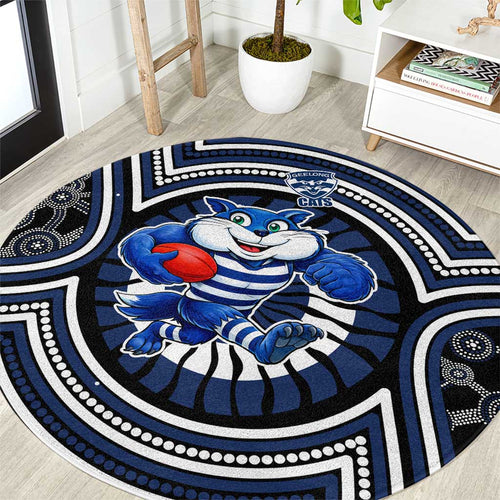 Geelong Cats Round Carpet Indigenous Monochrome Dot Art Mascot Style