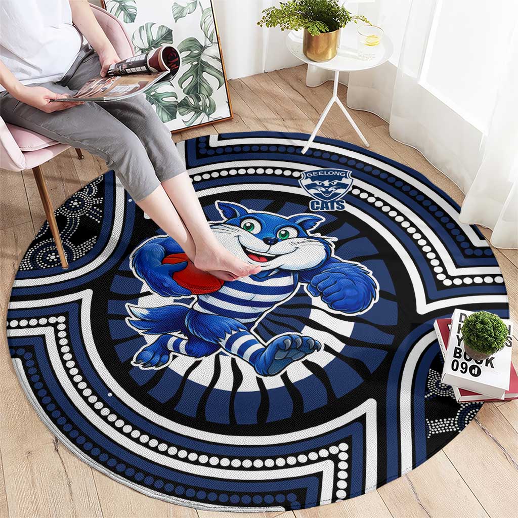 Geelong Cats Round Carpet Indigenous Monochrome Dot Art Mascot Style