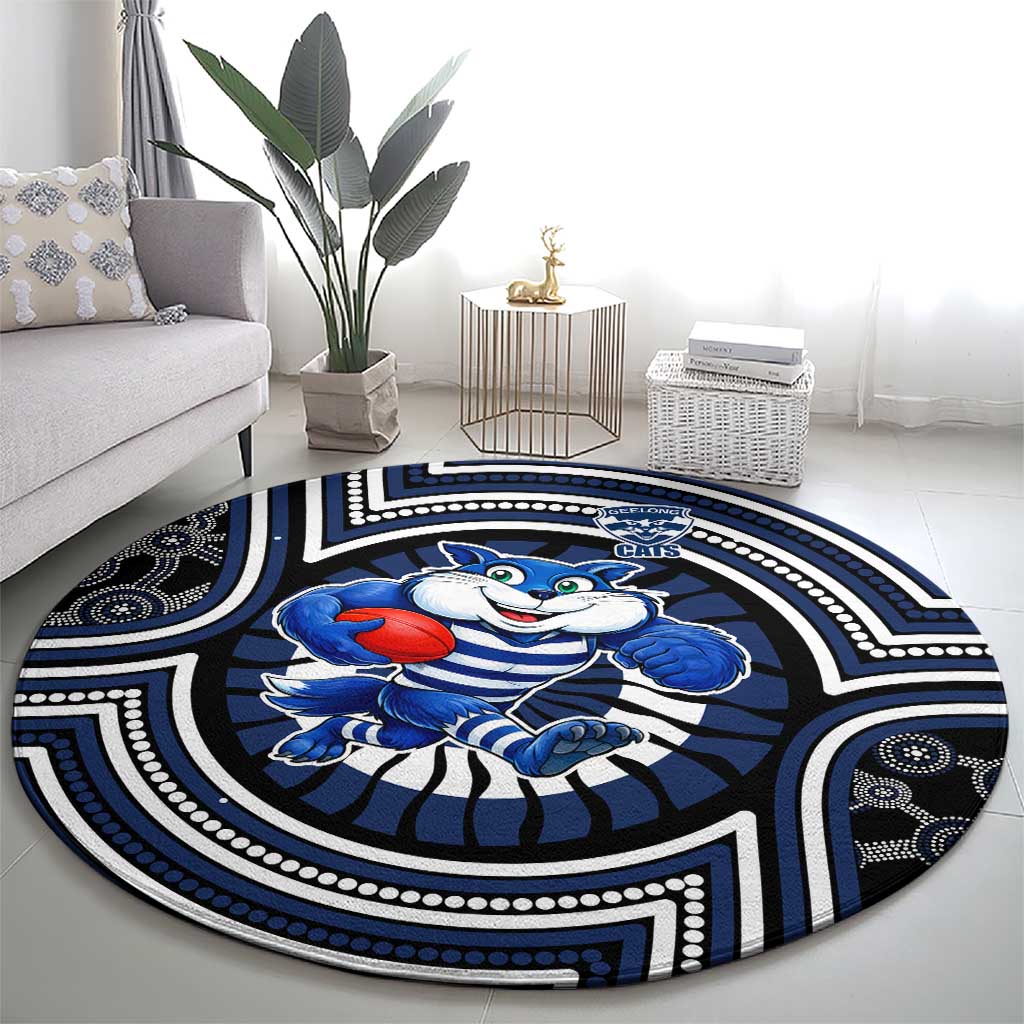 Geelong Cats Round Carpet Indigenous Monochrome Dot Art Mascot Style