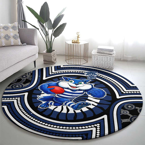 Geelong Cats Round Carpet Indigenous Monochrome Dot Art Mascot Style