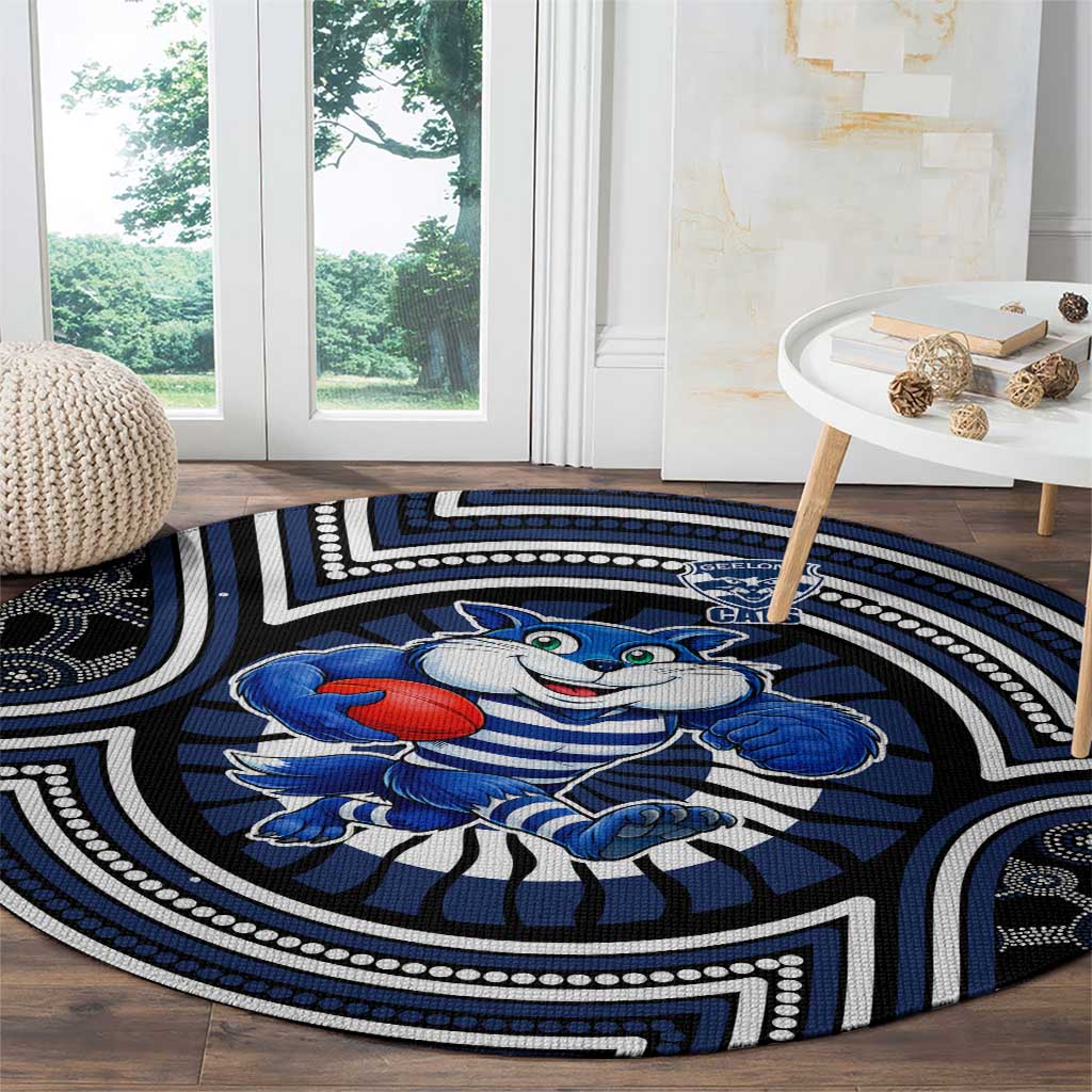 Geelong Cats Round Carpet Indigenous Monochrome Dot Art Mascot Style