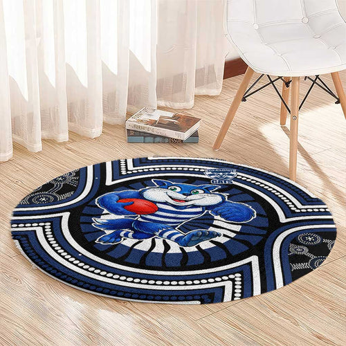 Geelong Cats Round Carpet Indigenous Monochrome Dot Art Mascot Style