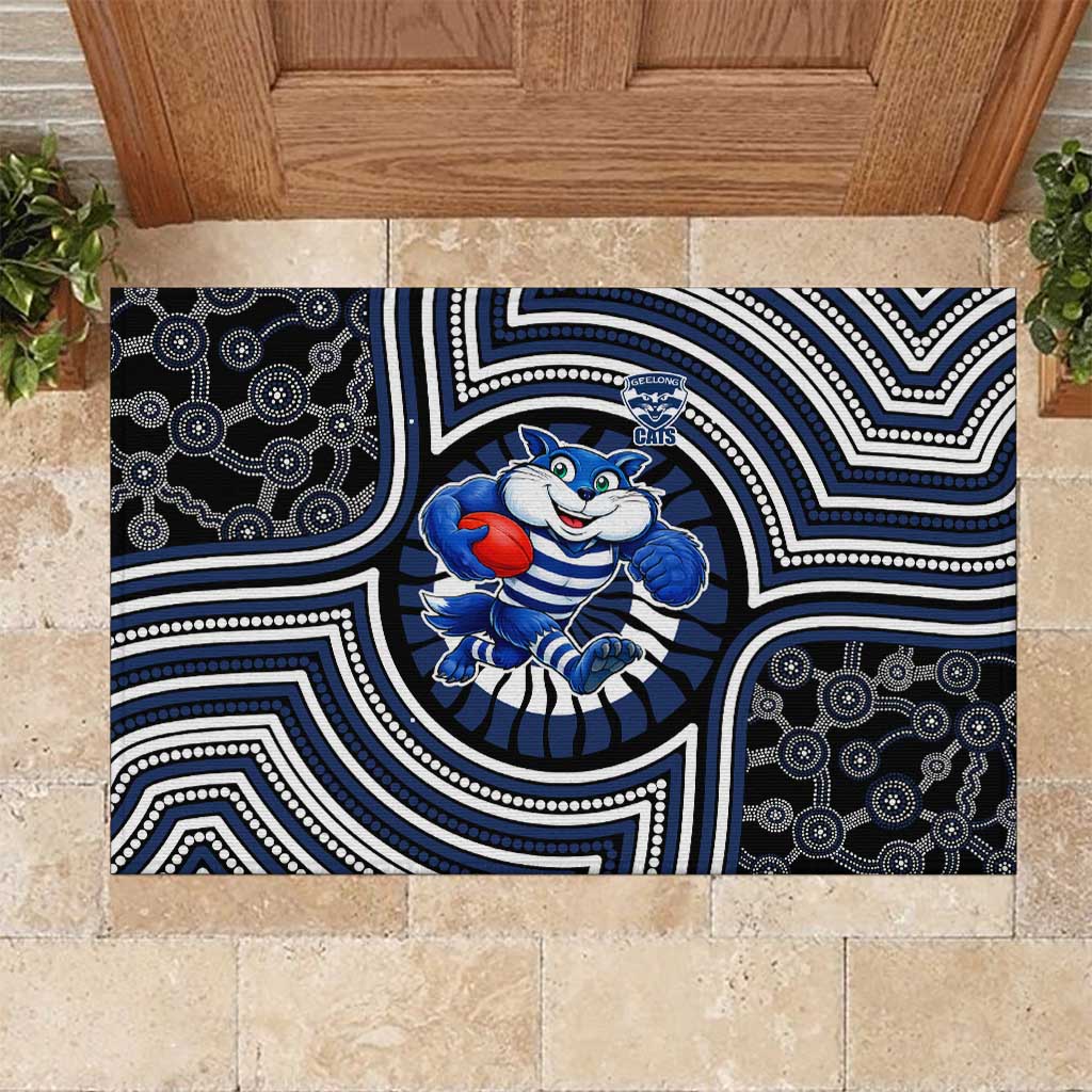 Geelong Cats Rubber Doormat Indigenous Monochrome Dot Art Mascot Style