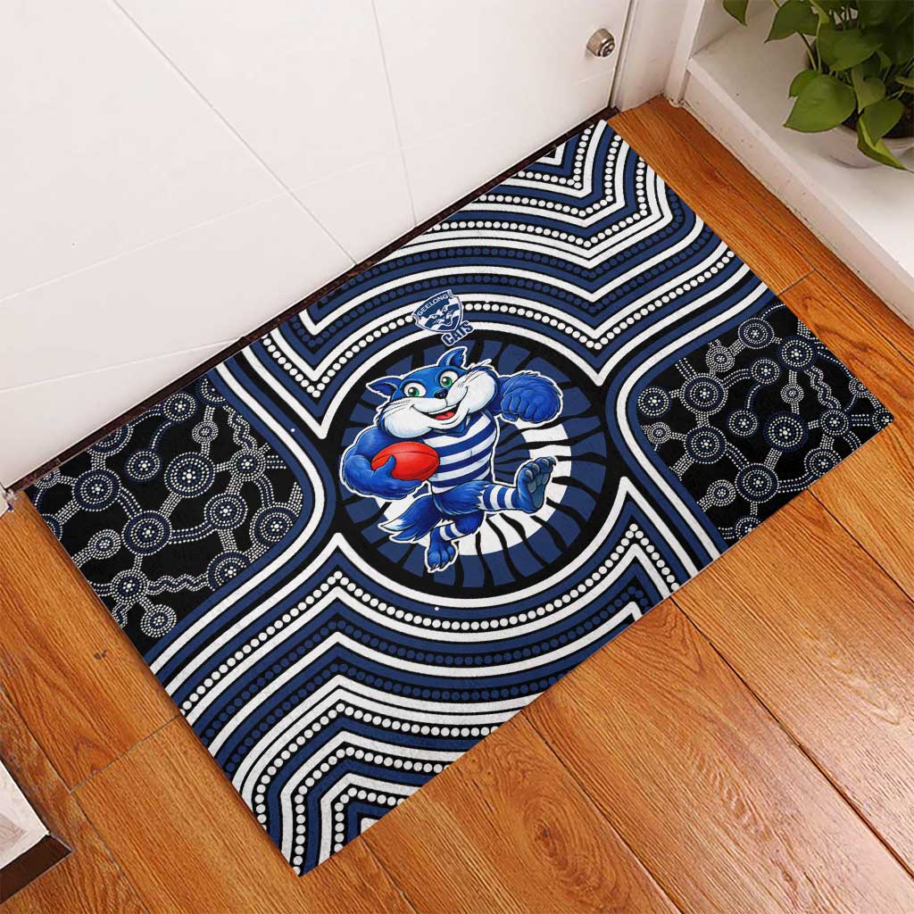 Geelong Cats Rubber Doormat Indigenous Monochrome Dot Art Mascot Style