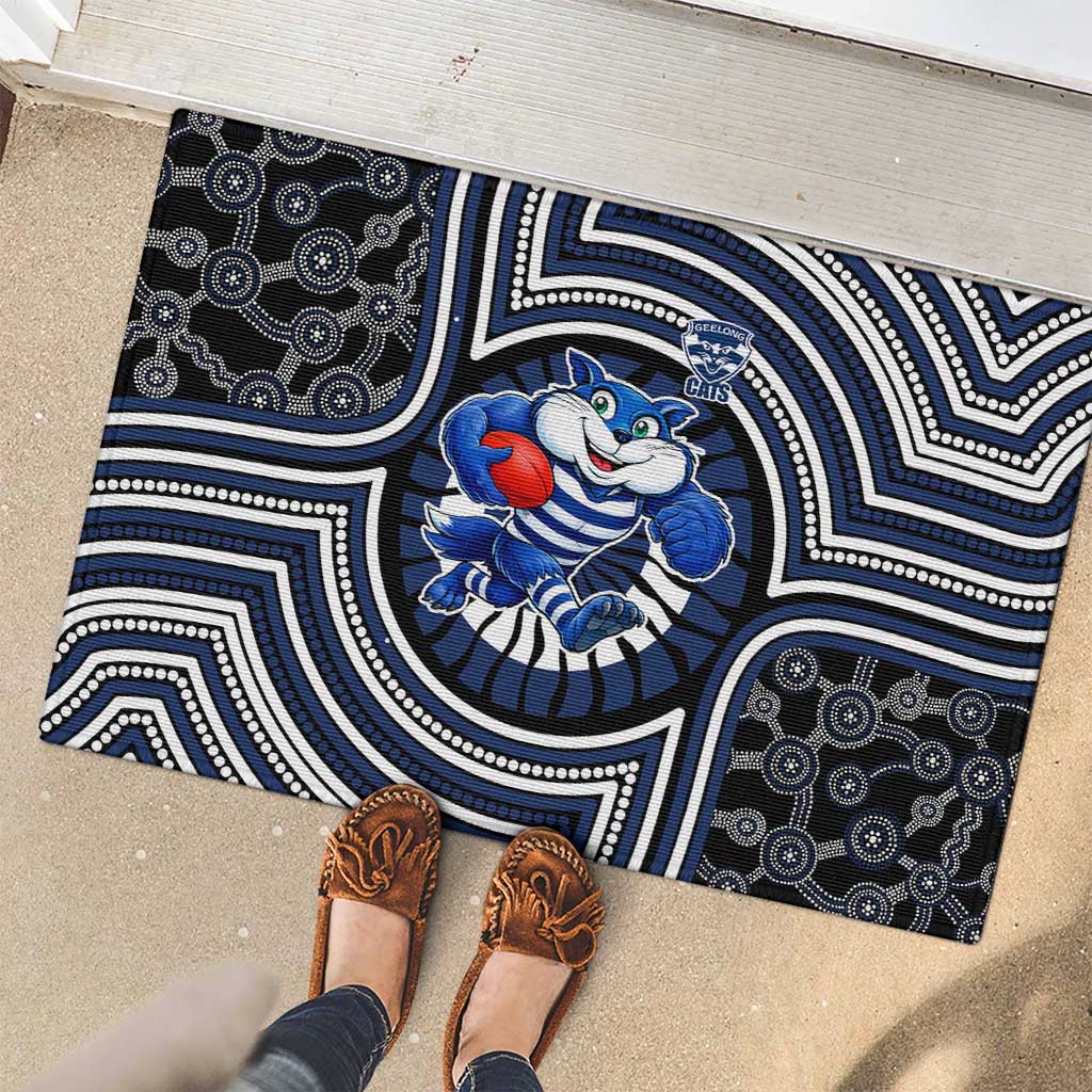 Geelong Cats Rubber Doormat Indigenous Monochrome Dot Art Mascot Style