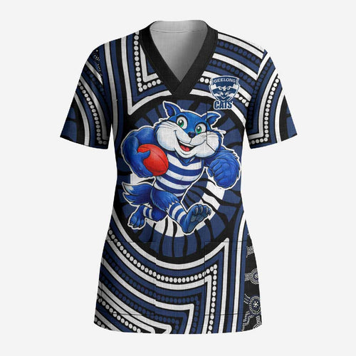 Geelong Cats Scrub Top Indigenous Monochrome Dot Art Mascot Style