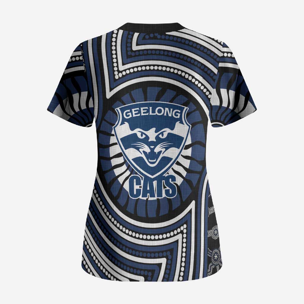 Geelong Cats Scrub Top Indigenous Monochrome Dot Art Mascot Style