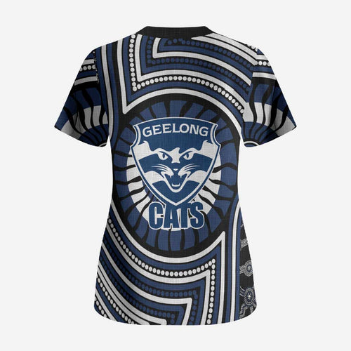 Geelong Cats Scrub Top Indigenous Monochrome Dot Art Mascot Style