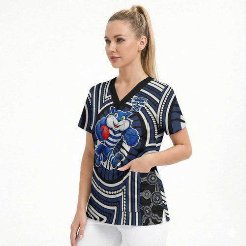 Geelong Cats Scrub Top Indigenous Monochrome Dot Art Mascot Style