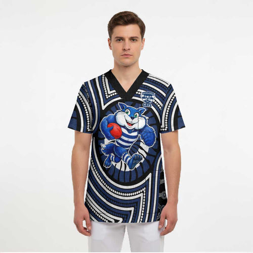 Geelong Cats Scrub Top Indigenous Monochrome Dot Art Mascot Style