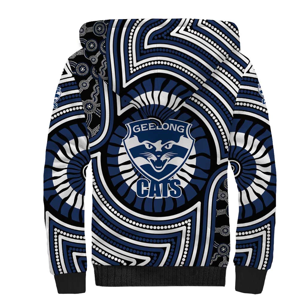 Geelong Cats Sherpa Hoodie Indigenous Monochrome Dot Art Mascot Style