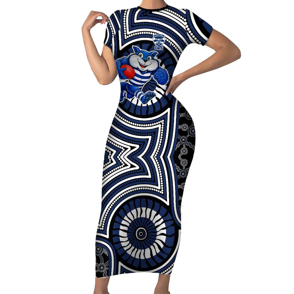 Geelong Cats Short Sleeve Bodycon Dress Indigenous Monochrome Dot Art Mascot Style