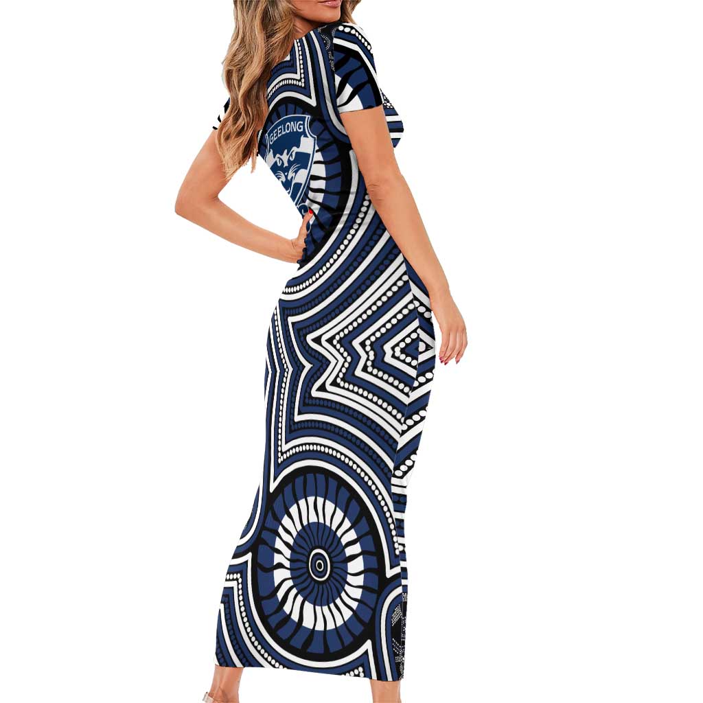 Geelong Cats Short Sleeve Bodycon Dress Indigenous Monochrome Dot Art Mascot Style