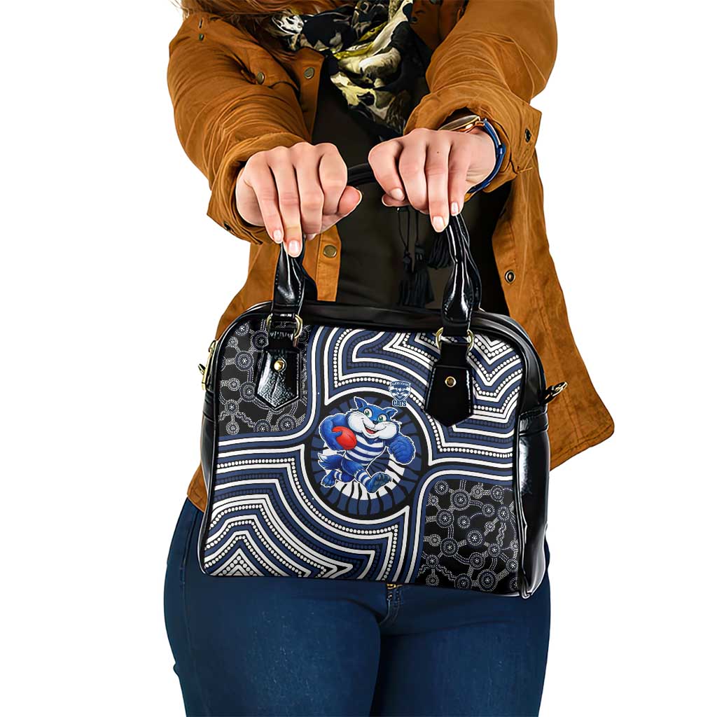 Geelong Cats Shoulder Handbag Indigenous Monochrome Dot Art Mascot Style