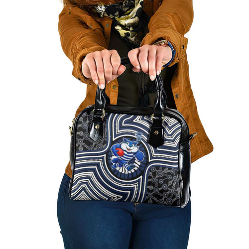 Geelong Cats Shoulder Handbag Indigenous Monochrome Dot Art Mascot Style