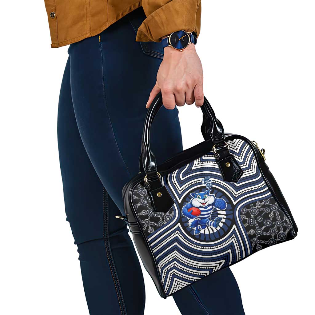 Geelong Cats Shoulder Handbag Indigenous Monochrome Dot Art Mascot Style