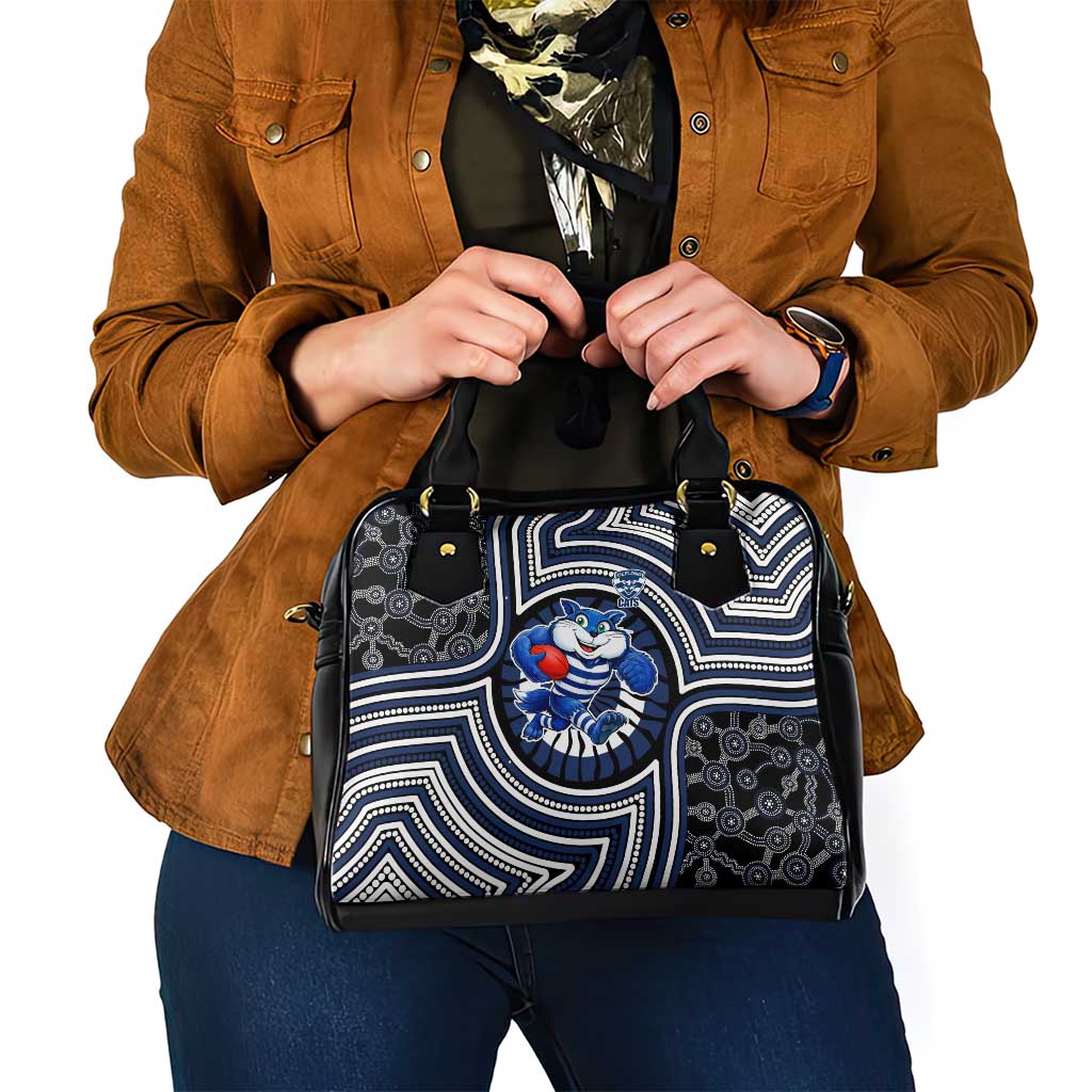 Geelong Cats Shoulder Handbag Indigenous Monochrome Dot Art Mascot Style