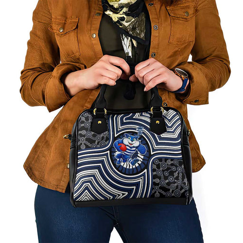 Geelong Cats Shoulder Handbag Indigenous Monochrome Dot Art Mascot Style