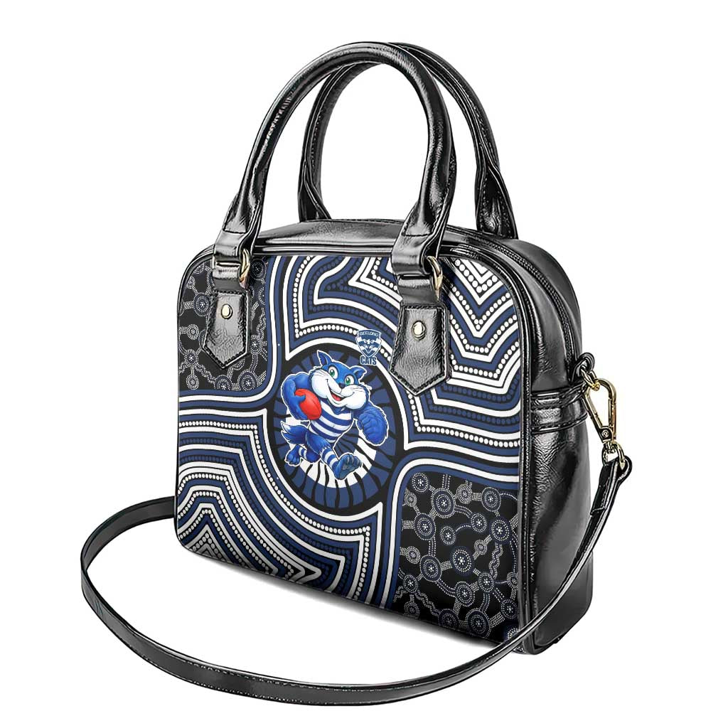 Geelong Cats Shoulder Handbag Indigenous Monochrome Dot Art Mascot Style