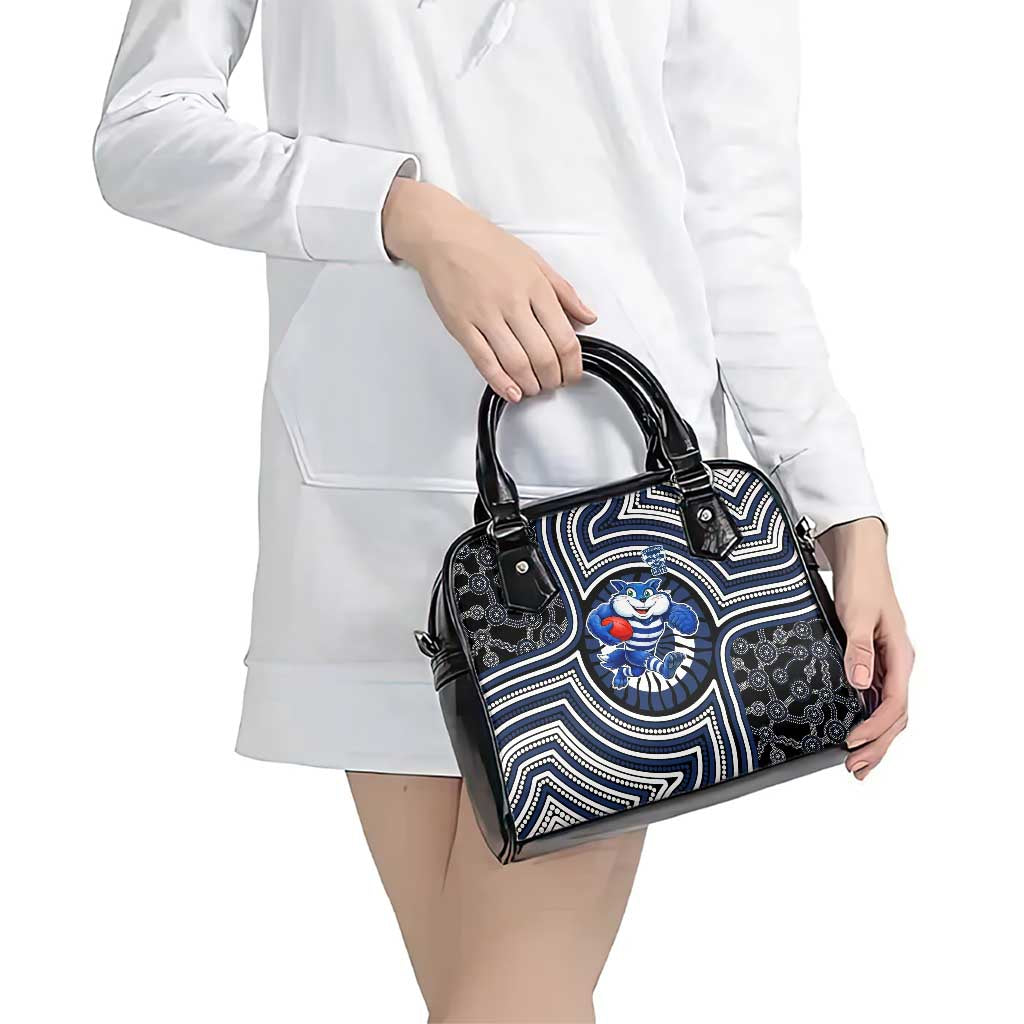 Geelong Cats Shoulder Handbag Indigenous Monochrome Dot Art Mascot Style