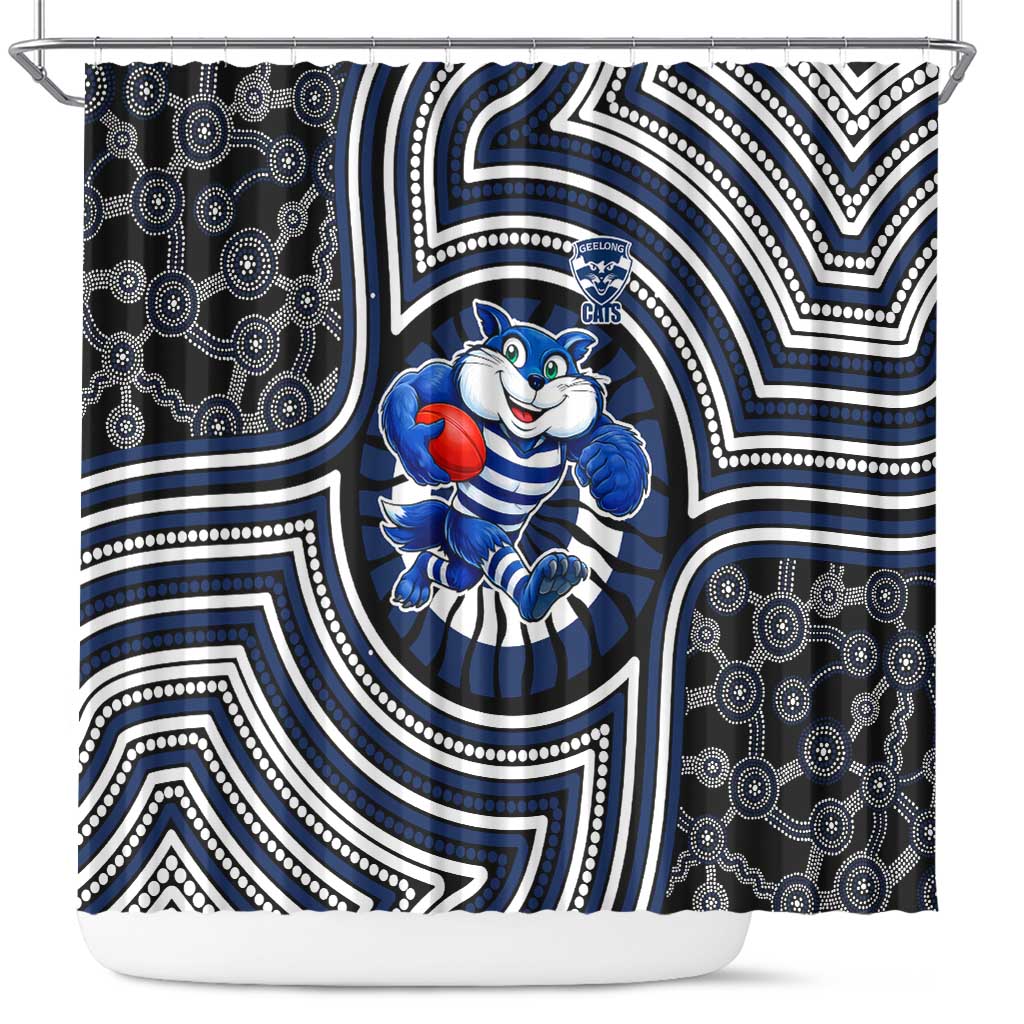 Geelong Cats Shower Curtain Indigenous Monochrome Dot Art Mascot Style