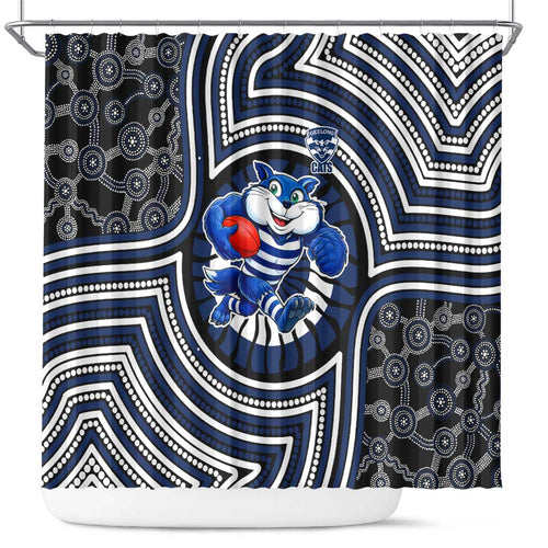 Geelong Cats Shower Curtain Indigenous Monochrome Dot Art Mascot Style