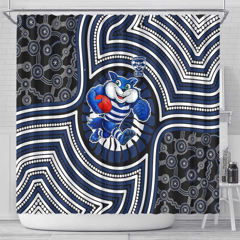 Geelong Cats Shower Curtain Indigenous Monochrome Dot Art Mascot Style