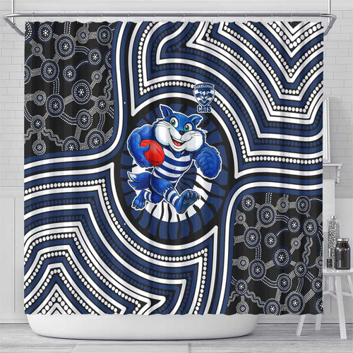 Geelong Cats Shower Curtain Indigenous Monochrome Dot Art Mascot Style