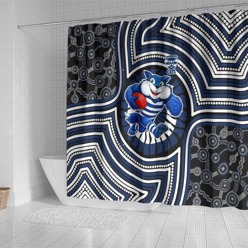 Geelong Cats Shower Curtain Indigenous Monochrome Dot Art Mascot Style
